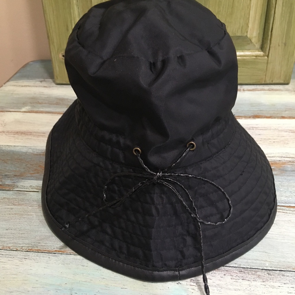 Betmar Cloche Black Quilted Rain Hat Gold Detail Bow 15th Anniv